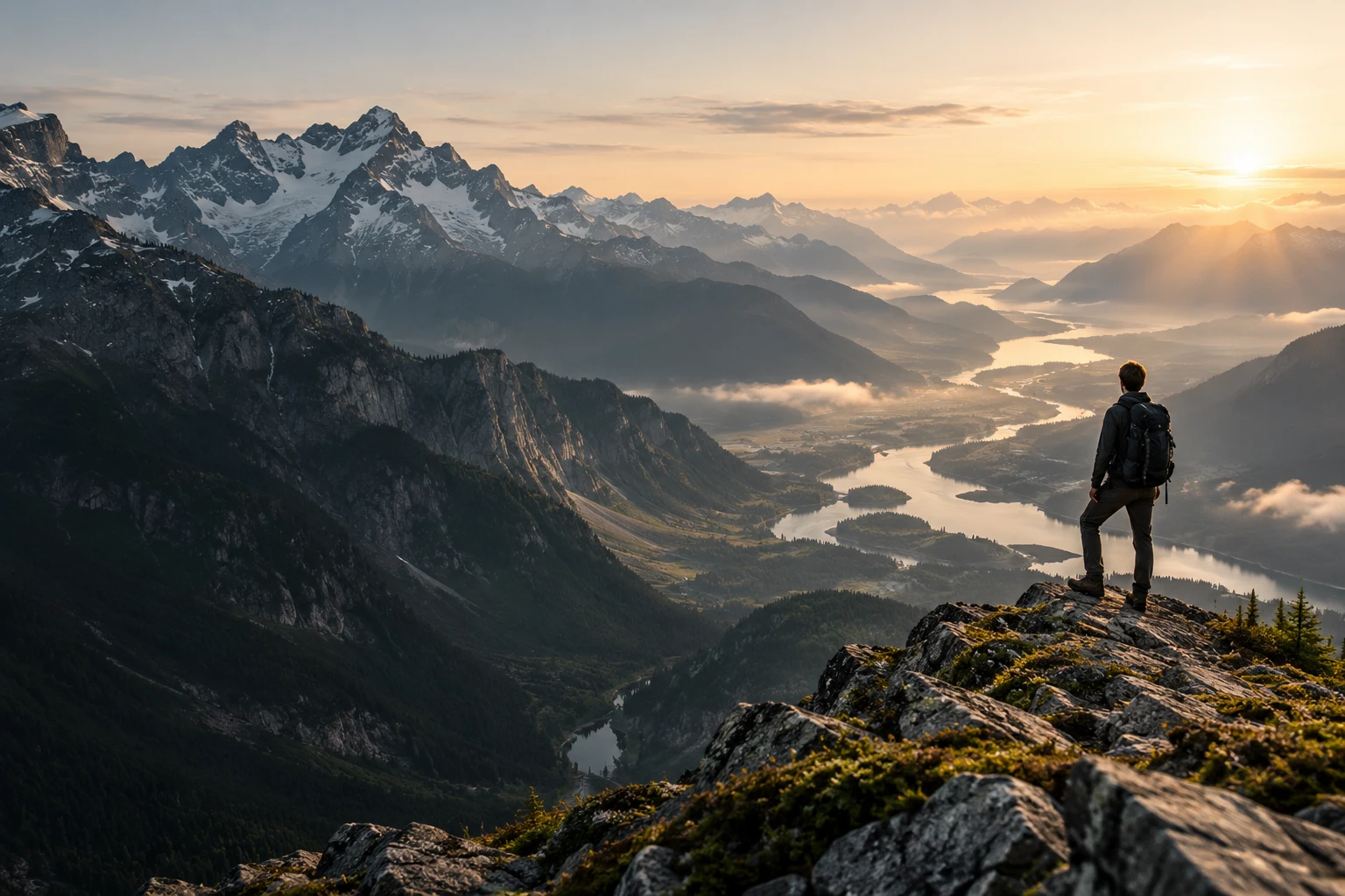 A hiker overlooking a mountain valley and river