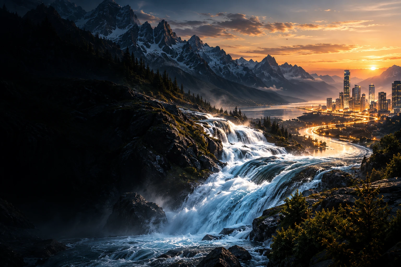 A river flows from mountain waterfalls towards a city lit by golden lights
